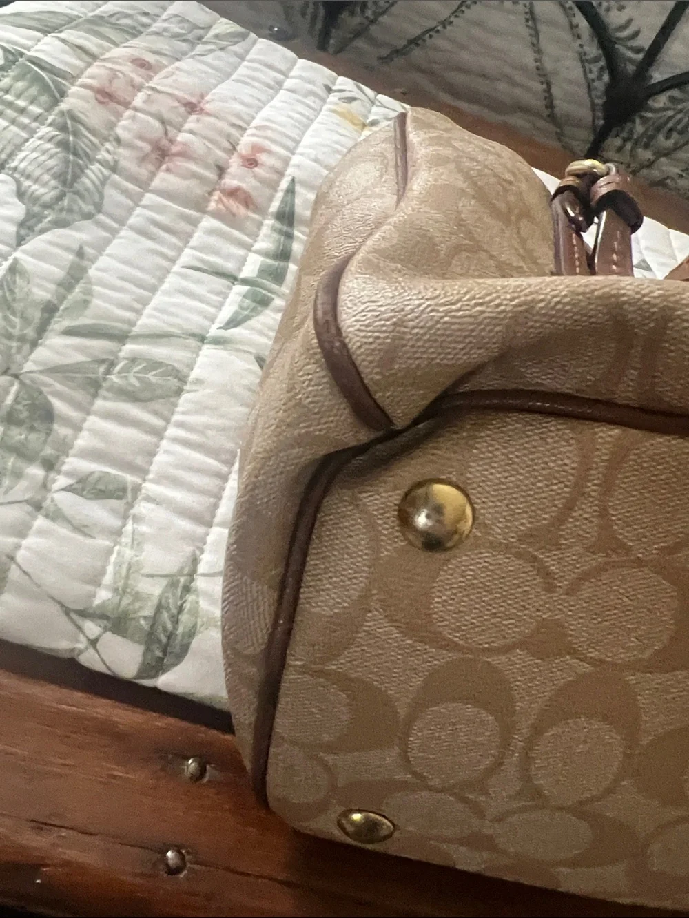 Coach Peyton Khaki and Brown Signature Jordan Double Zip Carry All Tote